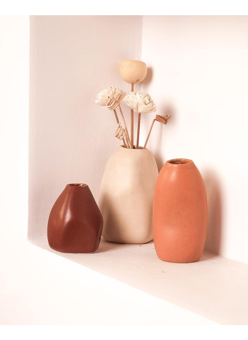 PUREZENTO Rustic Ceramic Bud Vase Set of 3 Centerpiece Showpiece for Home Decor Living Room Bookshelf Tabletop Styling Decorative Vase for Pampas Grass Dried Artificial Flowers