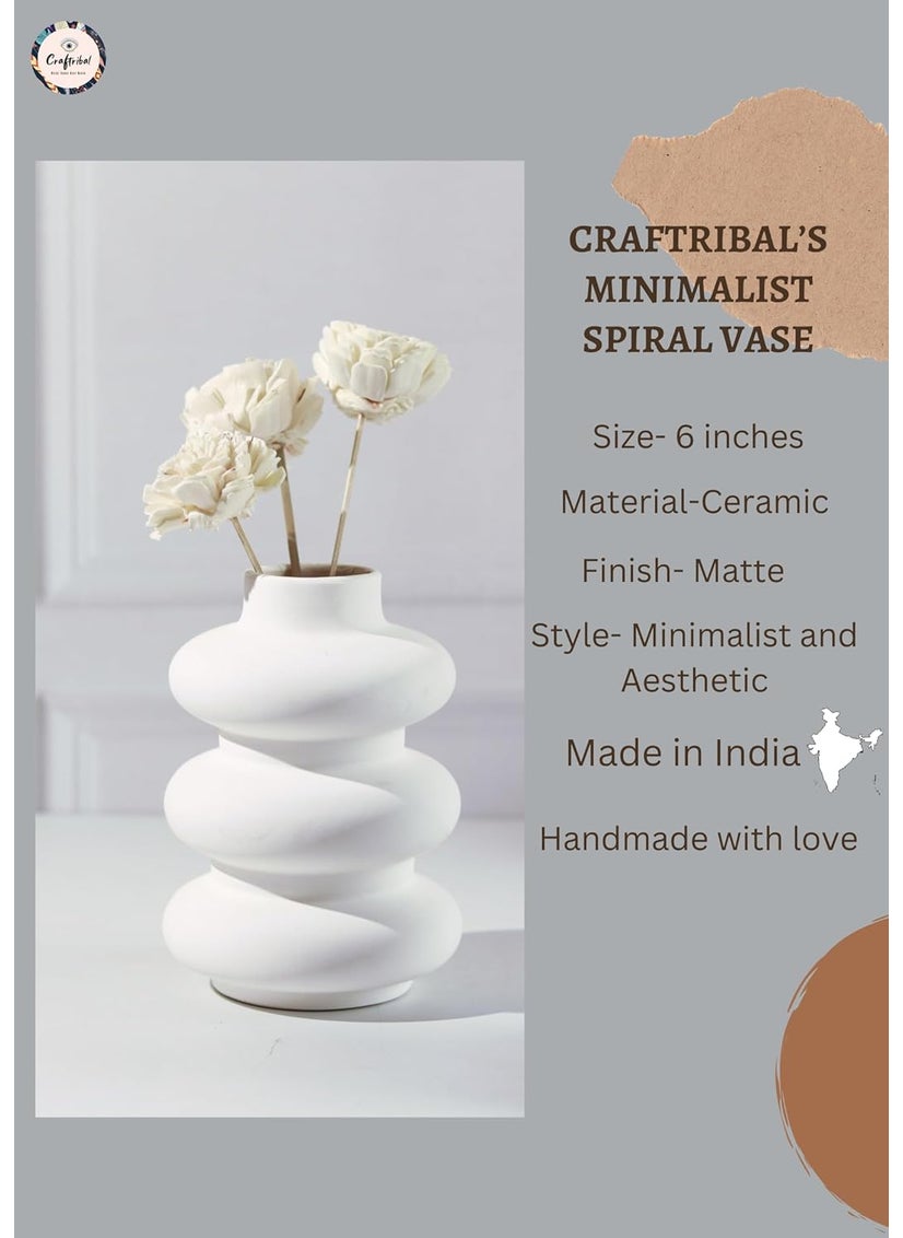 Craftribal White Ceramic Vase Minimalist Spiral Vase Small Vase Office Desk Pampass Grass VaseHome Decor CentrepieceSize6 inches