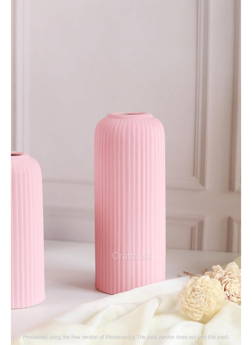 Craftribals Modern Pink Ceramic Flower Vase10 Inches for Living Room Flower Pots for Home Decoration Home Decor Line VaseRibbed Vase