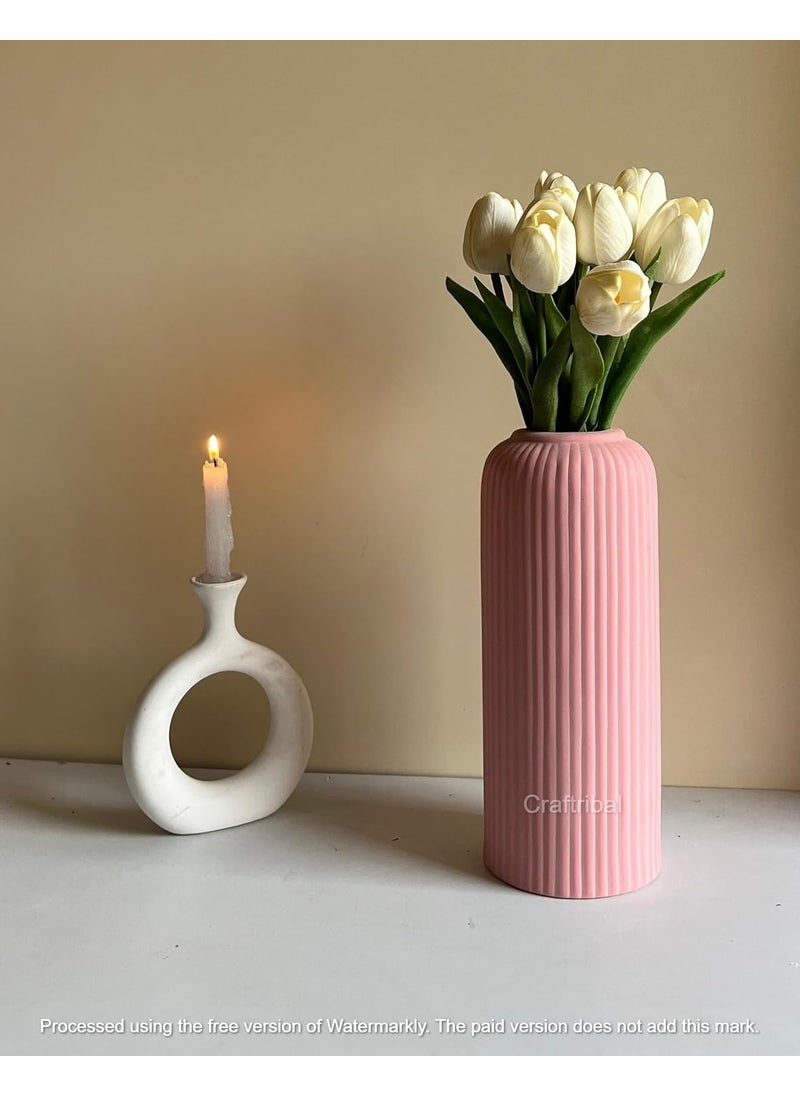 Craftribals Modern Pink Ceramic Flower Vase10 Inches for Living Room Flower Pots for Home Decoration Home Decor Line VaseRibbed Vase