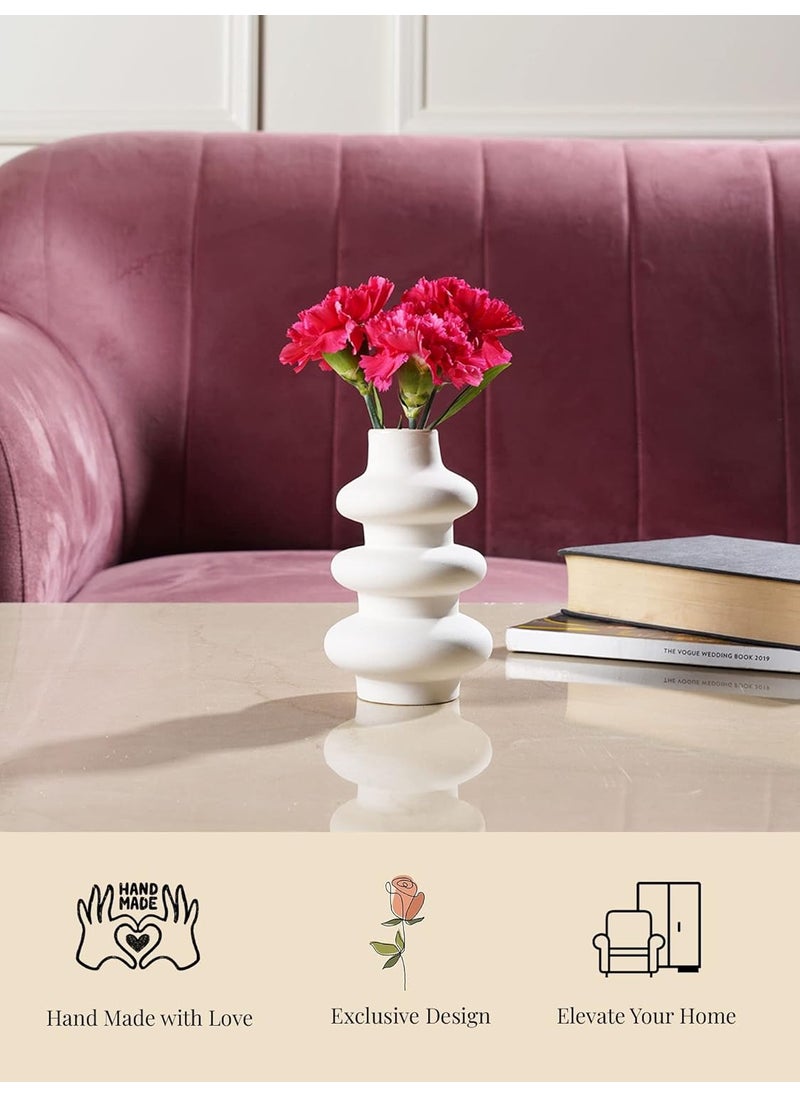 PUREZENTO Round Shaped White Ceramic Designer Flower Vase for Home Decor Centre Table Bedroom Side Corner