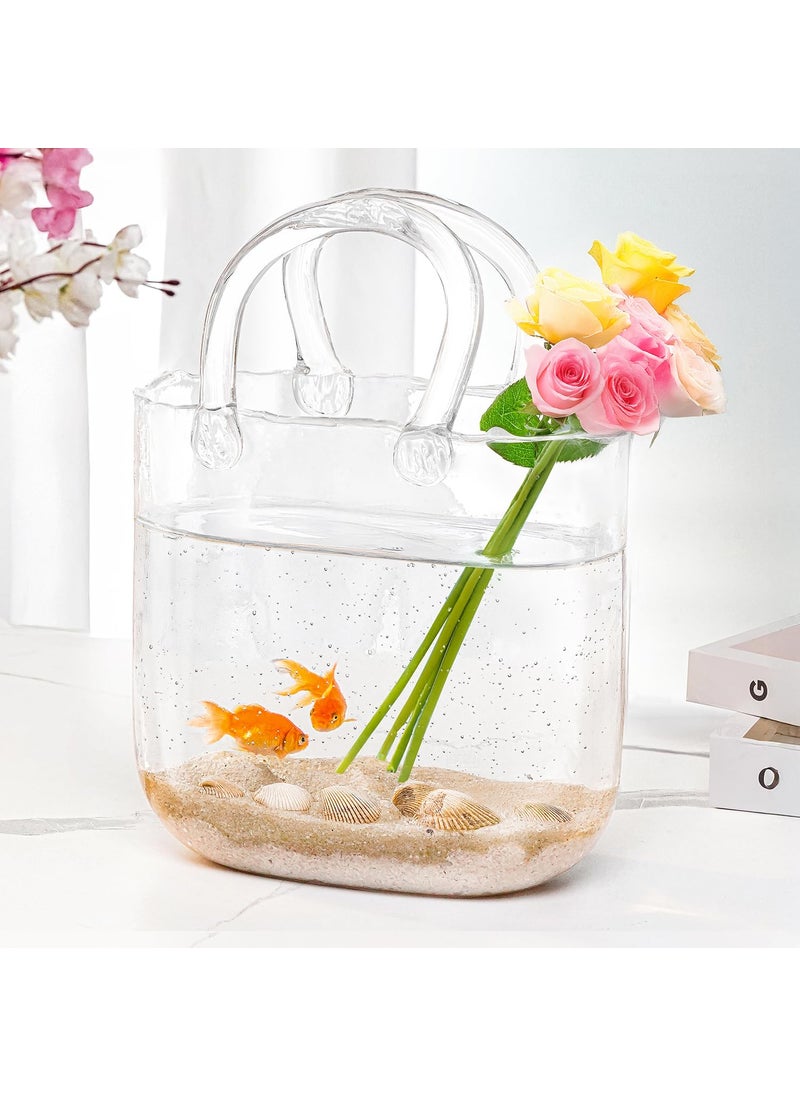 ABOUT SPACE Flower Vase Handbag Shape Glass Vase with Handle Unique Bubble Scattered Aesthetic Design Centrepiece for Flowers Fish Purse Shape Table Decor for Home Office Cafe L20x B10x H265cm