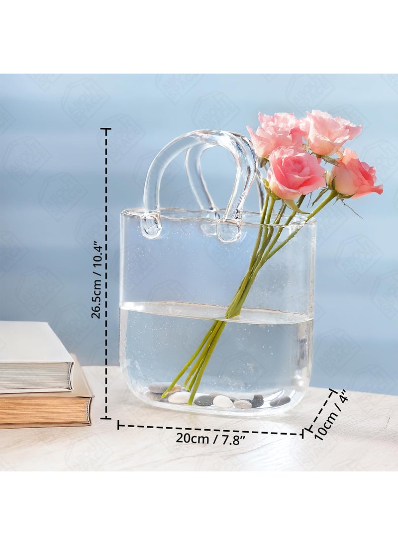 ABOUT SPACE Flower Vase Handbag Shape Glass Vase with Handle Unique Bubble Scattered Aesthetic Design Centrepiece for Flowers Fish Purse Shape Table Decor for Home Office Cafe L20x B10x H265cm
