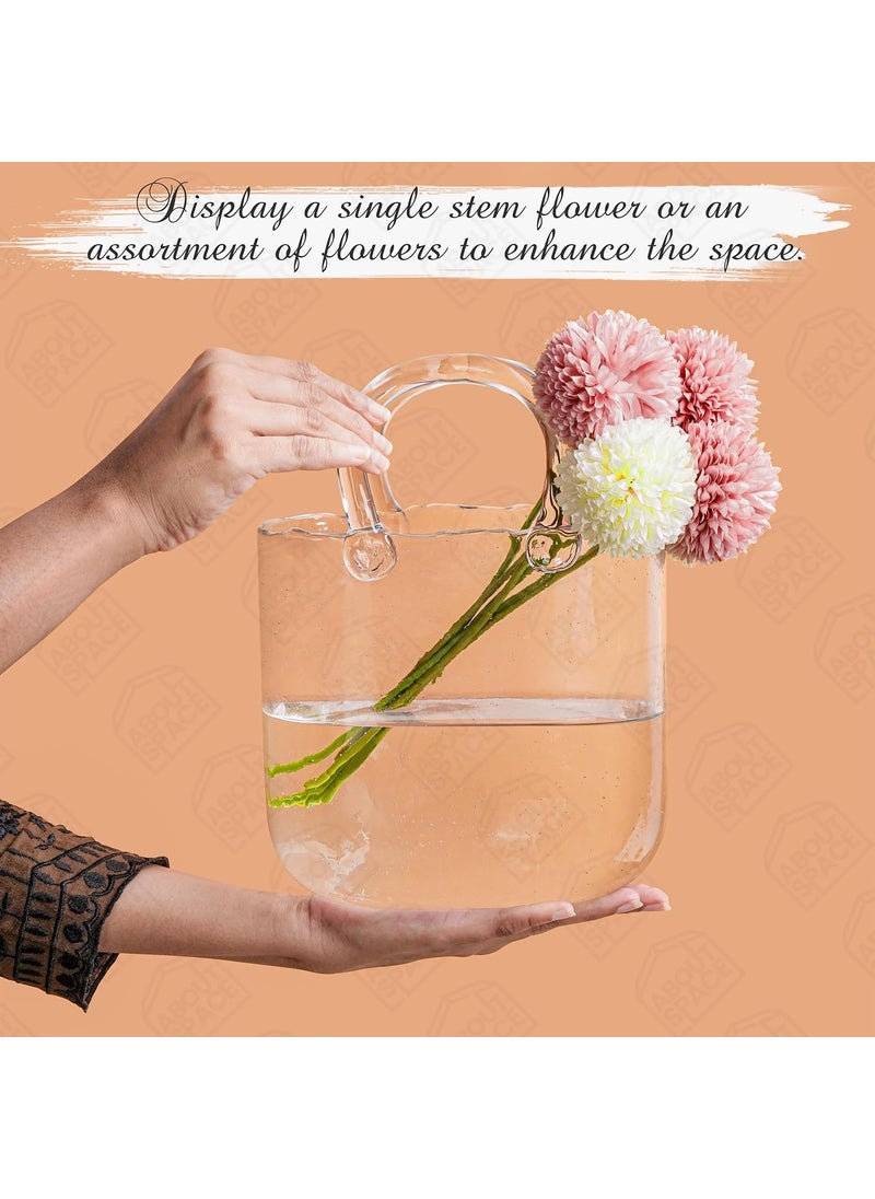 ABOUT SPACE Flower Vase Handbag Shape Glass Vase with Handle Unique Bubble Scattered Aesthetic Design Centrepiece for Flowers Fish Purse Shape Table Decor for Home Office Cafe L20x B10x H265cm