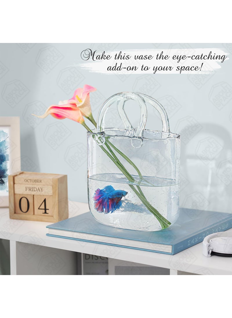 ABOUT SPACE Flower Vase Handbag Shape Glass Vase with Handle Unique Bubble Scattered Aesthetic Design Centrepiece for Flowers Fish Purse Shape Table Decor for Home Office Cafe L20x B10x H265cm