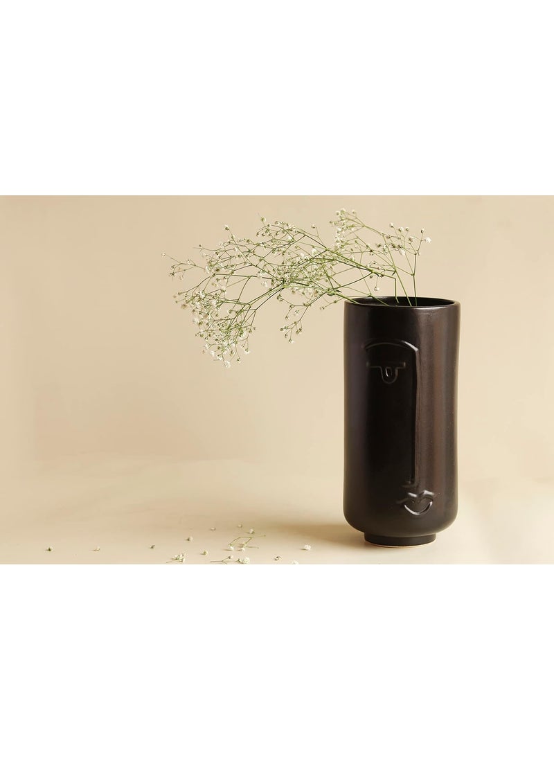 Craftribal Line Art Ceramic Face Vase Combo Ceramic Flower Vase Finish Matte Rough 10 Inches Combo of 2 Pcs Black