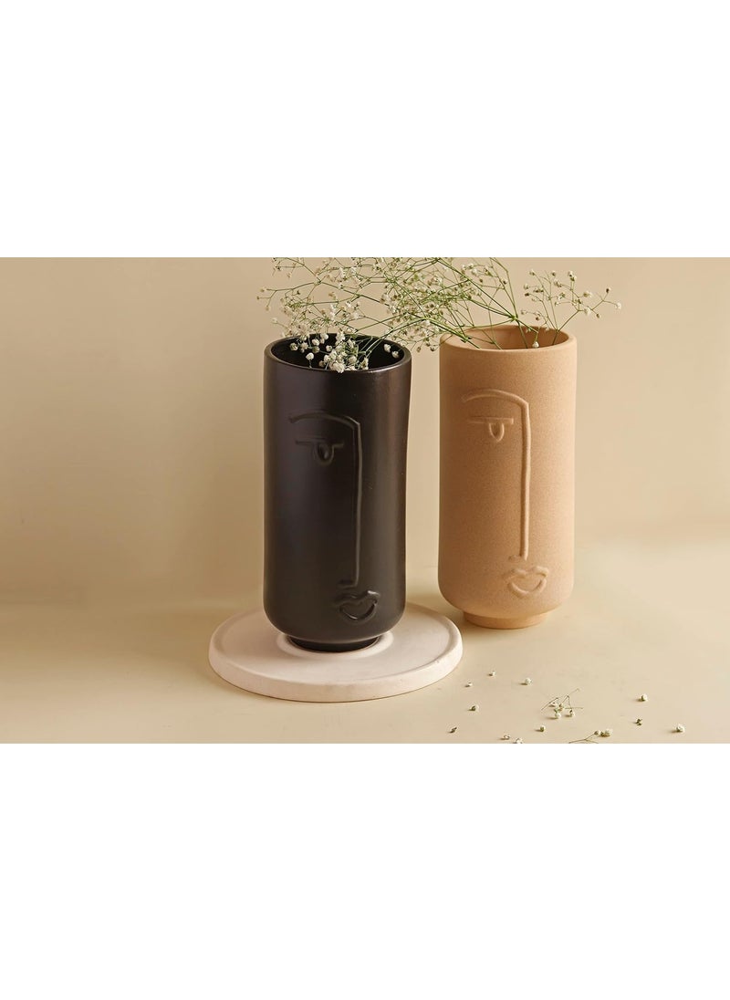 Craftribal Line Art Ceramic Face Vase Combo Ceramic Flower Vase Finish Matte Rough 10 Inches Combo of 2 Pcs Black