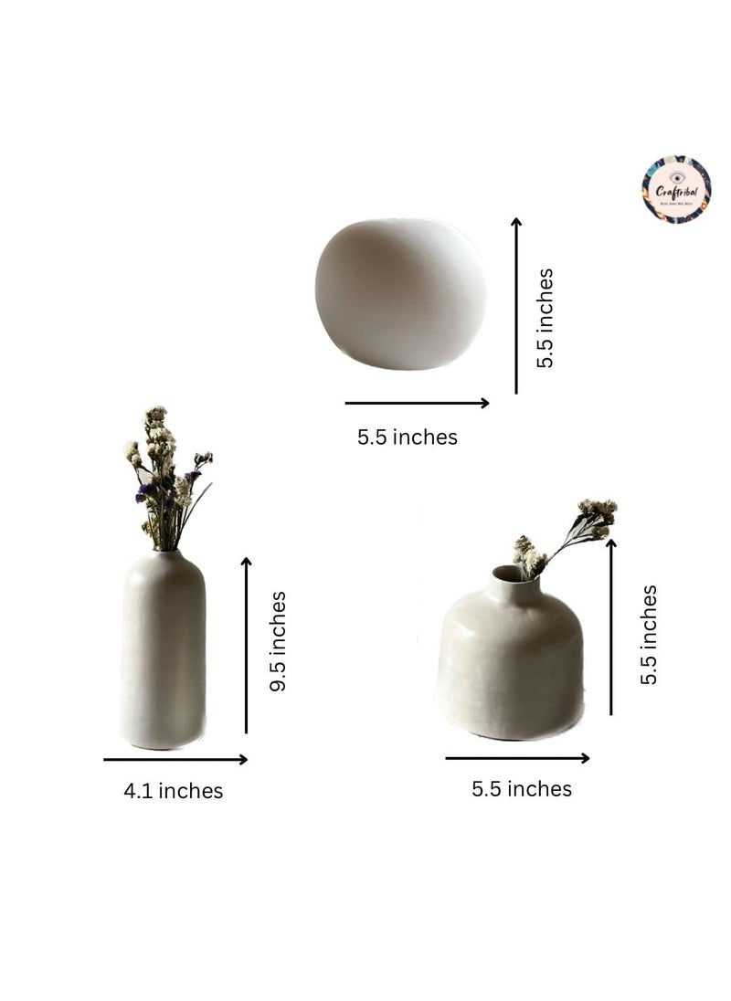 Craftribal Minimalistic White Vase Set of 3 Size 95x55x55 Ceramic Flower Vase for Living RoomFlower Pot for Showpieces Centrepiece vases for Pampas Grass Modern Vases for Home Decor