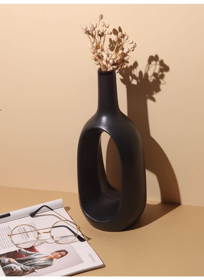 Craftribal Hollow Minimalist Flower Vase Matte Finish 12 Inches Black Ceramic