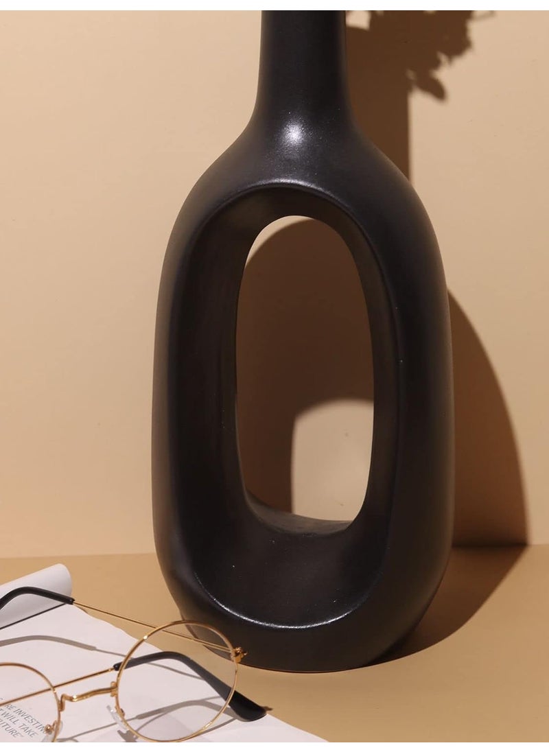 Craftribal Hollow Minimalist Flower Vase Matte Finish 12 Inches Black Ceramic
