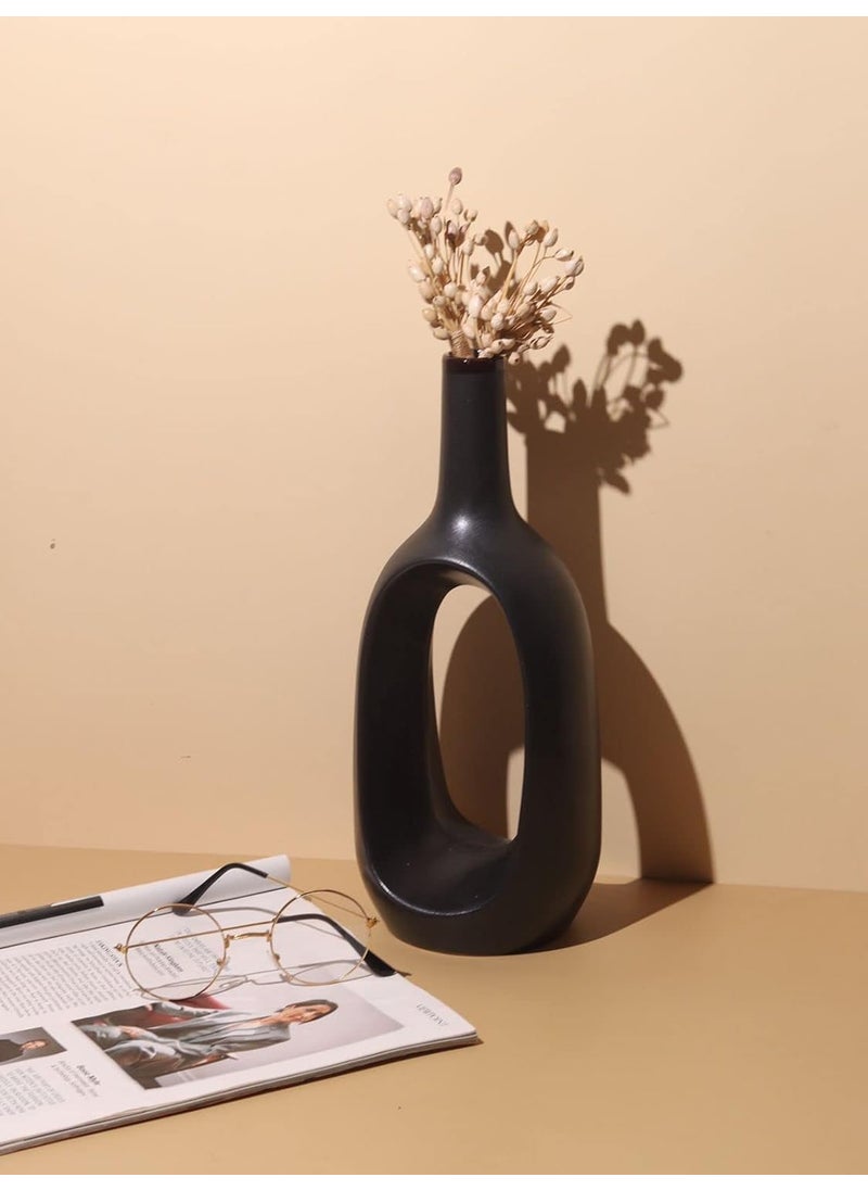 Craftribal Hollow Minimalist Flower Vase Matte Finish 12 Inches Black Ceramic