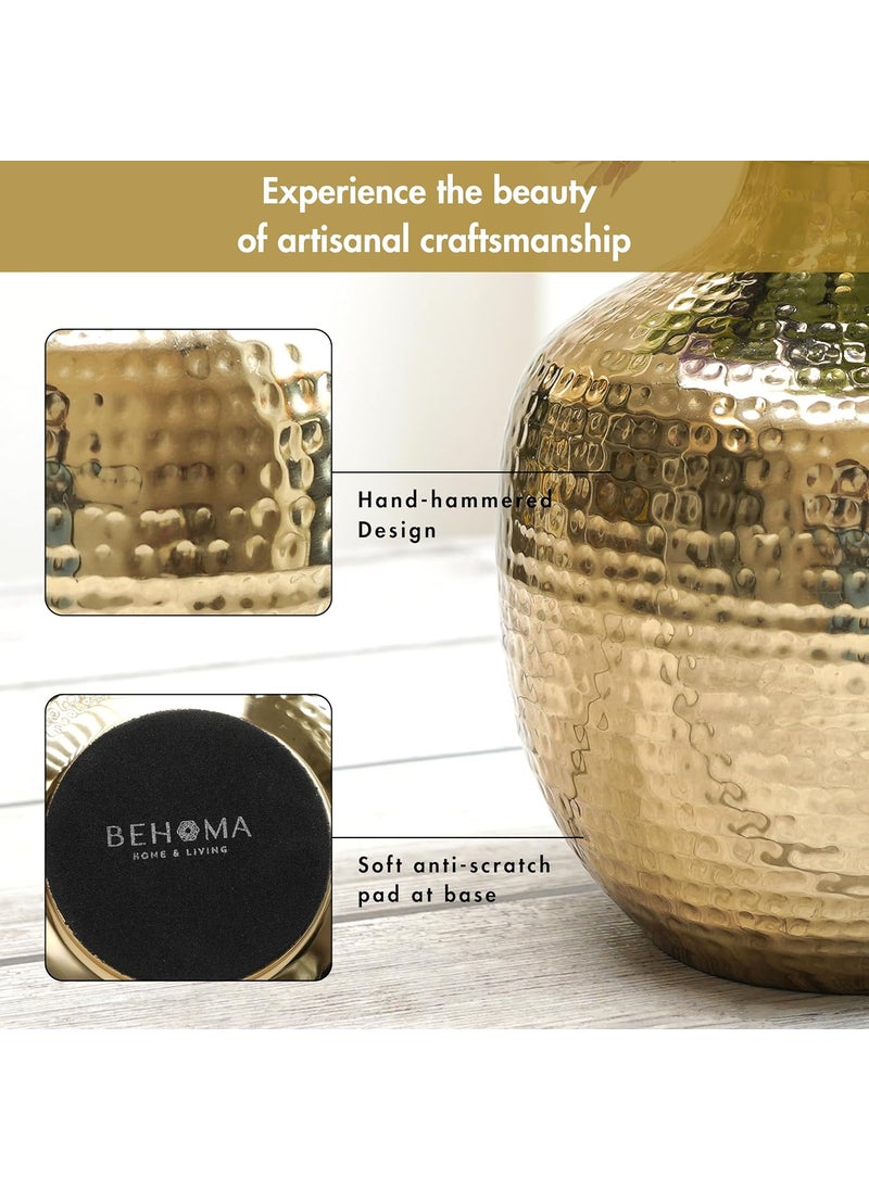 BEHOMA Metal Hammered Bud Round Shape Vase for Home Decor Decoratives for Indoor Outdoor Living Room Balcony Best Gift for Birthday Anniversary Festival Golden 1 Large Pcs