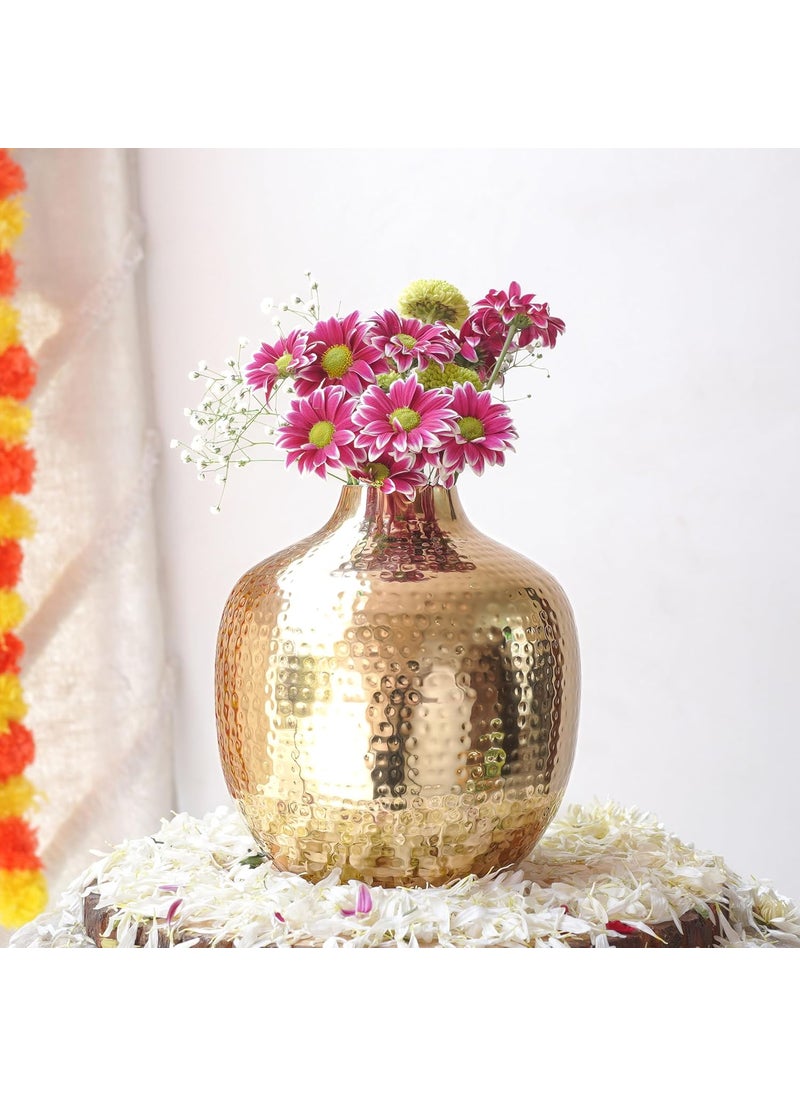 BEHOMA Metal Hammered Bud Round Shape Vase for Home Decor Decoratives for Indoor Outdoor Living Room Balcony Best Gift for Birthday Anniversary Festival Golden 1 Large Pcs