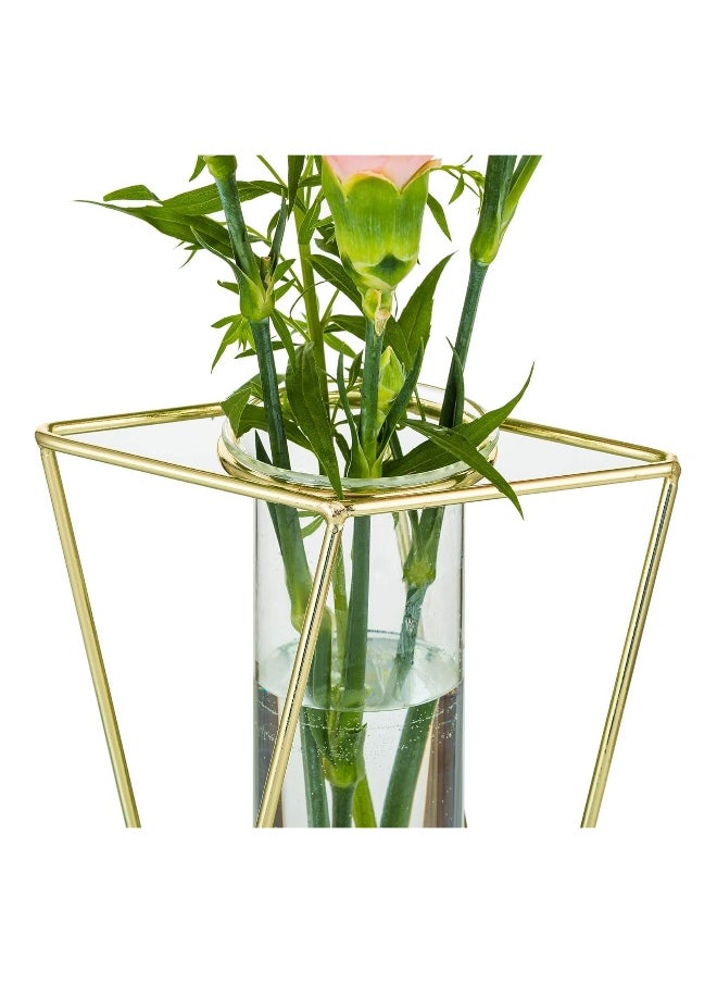 2pcs/Set Modern Frame Cylinder Clear Vase Gold Small + Large Glass Flower Vase with Geometric Metal Rack Stand Centerpiece for Home Office Wedding