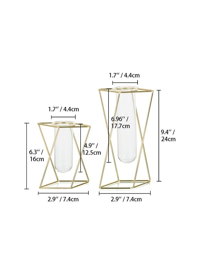 2pcs/Set Modern Frame Cylinder Clear Vase Gold Small + Large Glass Flower Vase with Geometric Metal Rack Stand Centerpiece for Home Office Wedding