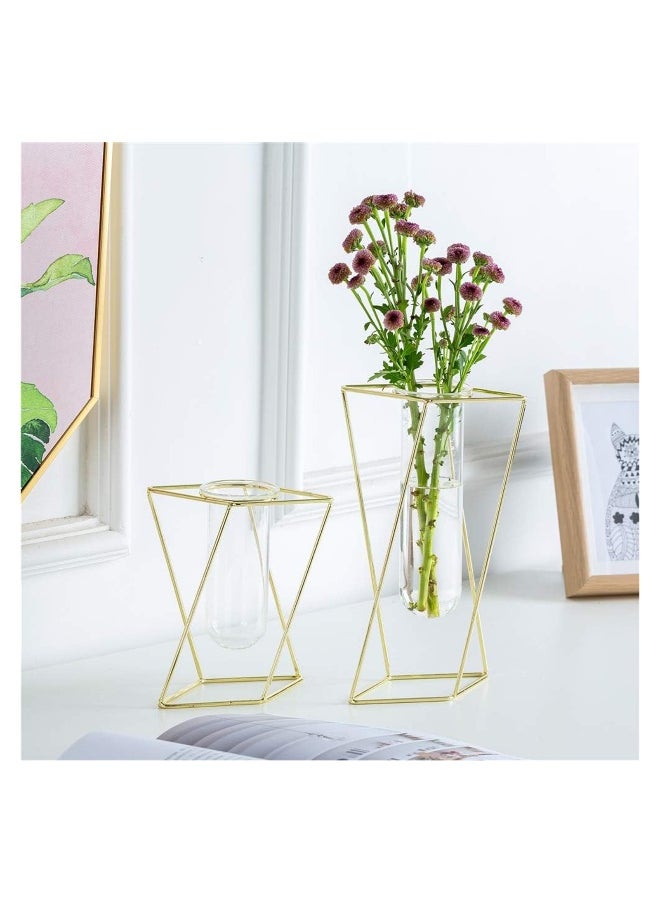 2pcs/Set Modern Frame Cylinder Clear Vase Gold Small + Large Glass Flower Vase with Geometric Metal Rack Stand Centerpiece for Home Office Wedding