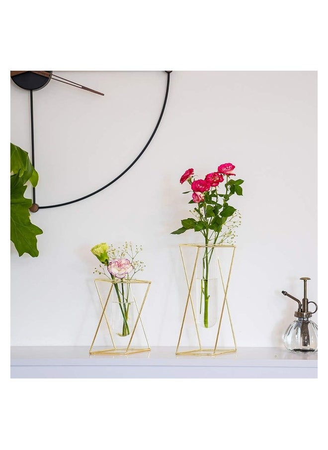 2pcs/Set Modern Frame Cylinder Clear Vase Gold Small + Large Glass Flower Vase with Geometric Metal Rack Stand Centerpiece for Home Office Wedding