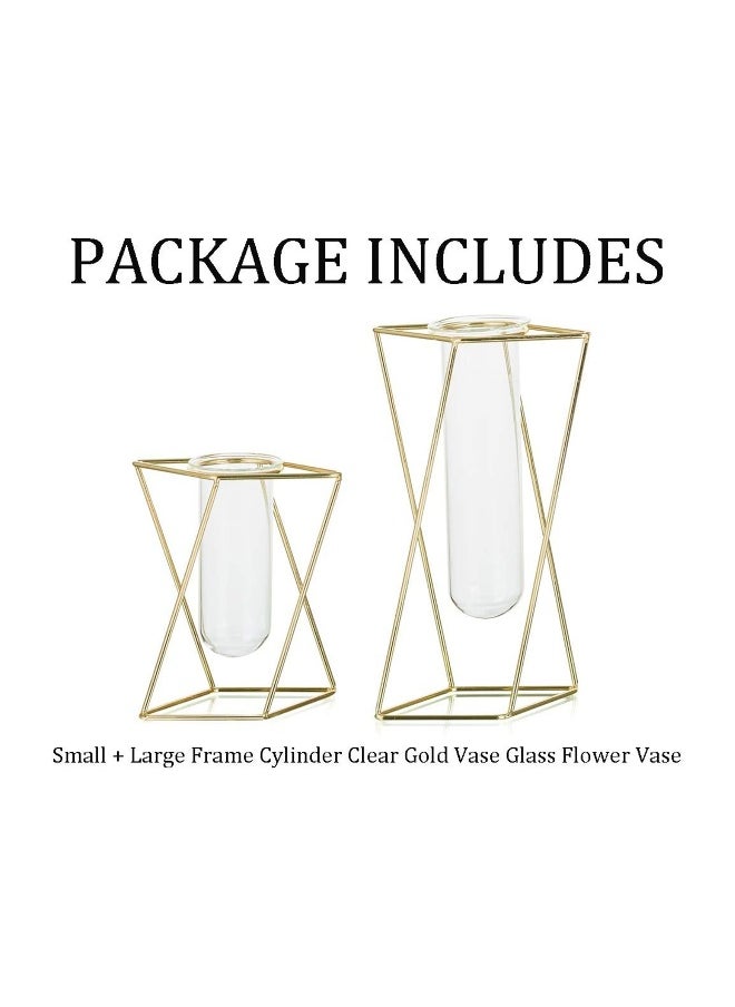 2pcs/Set Modern Frame Cylinder Clear Vase Gold Small + Large Glass Flower Vase with Geometric Metal Rack Stand Centerpiece for Home Office Wedding