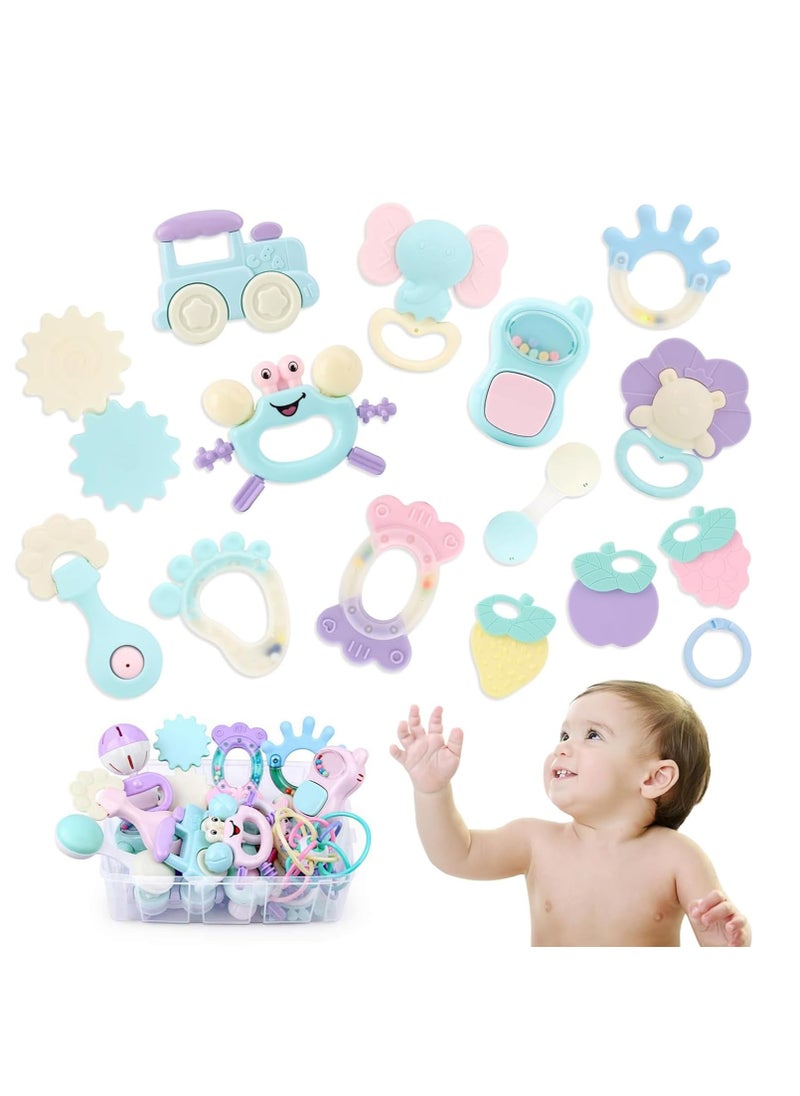 Baby Teether Toy Rattle Set 14 PCS Baby Rattle Toy Set Spin Rattles Sensory Toy Set Food Grade Silicone Material Early Educational Toy Set With Storage Box