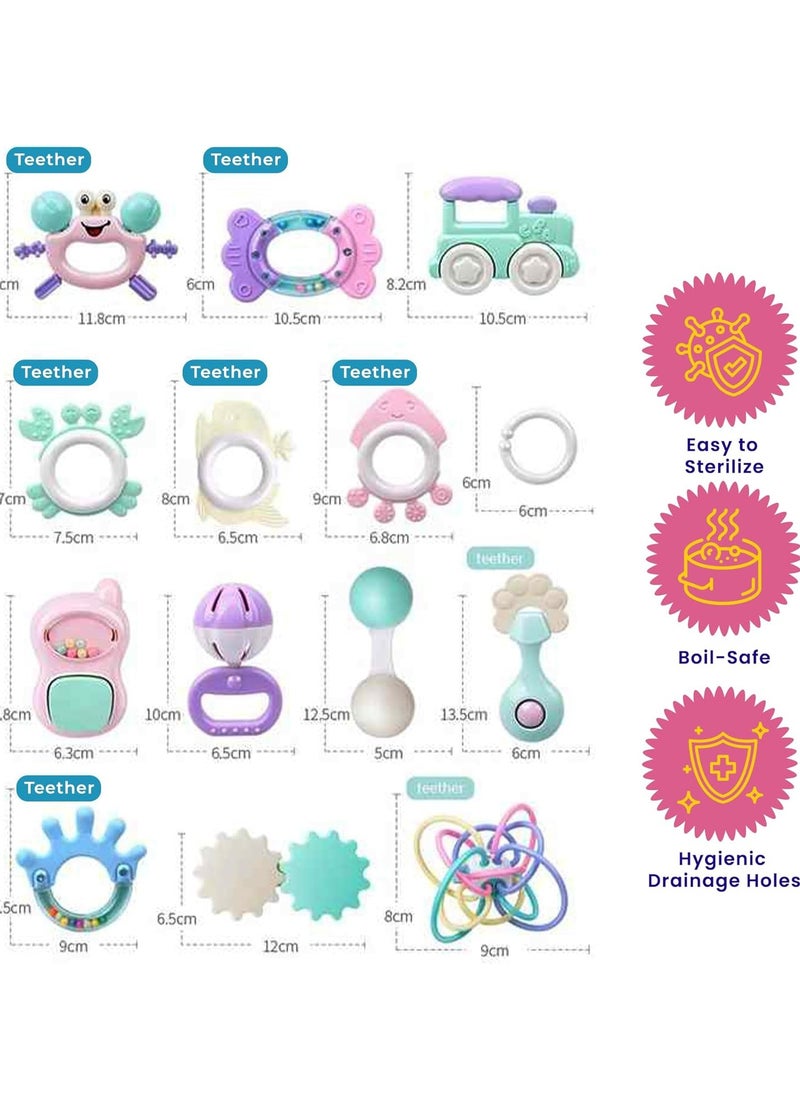 Baby Teether Toy Rattle Set 14 PCS Baby Rattle Toy Set Spin Rattles Sensory Toy Set Food Grade Silicone Material Early Educational Toy Set With Storage Box
