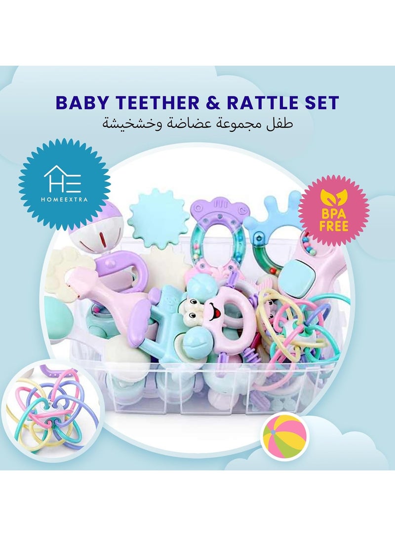 Baby Teether Toy Rattle Set 14 PCS Baby Rattle Toy Set Spin Rattles Sensory Toy Set Food Grade Silicone Material Early Educational Toy Set With Storage Box