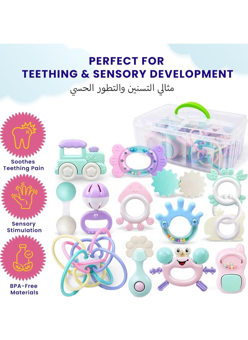 Baby Teether Toy Rattle Set 14 PCS Baby Rattle Toy Set Spin Rattles Sensory Toy Set Food Grade Silicone Material Early Educational Toy Set With Storage Box