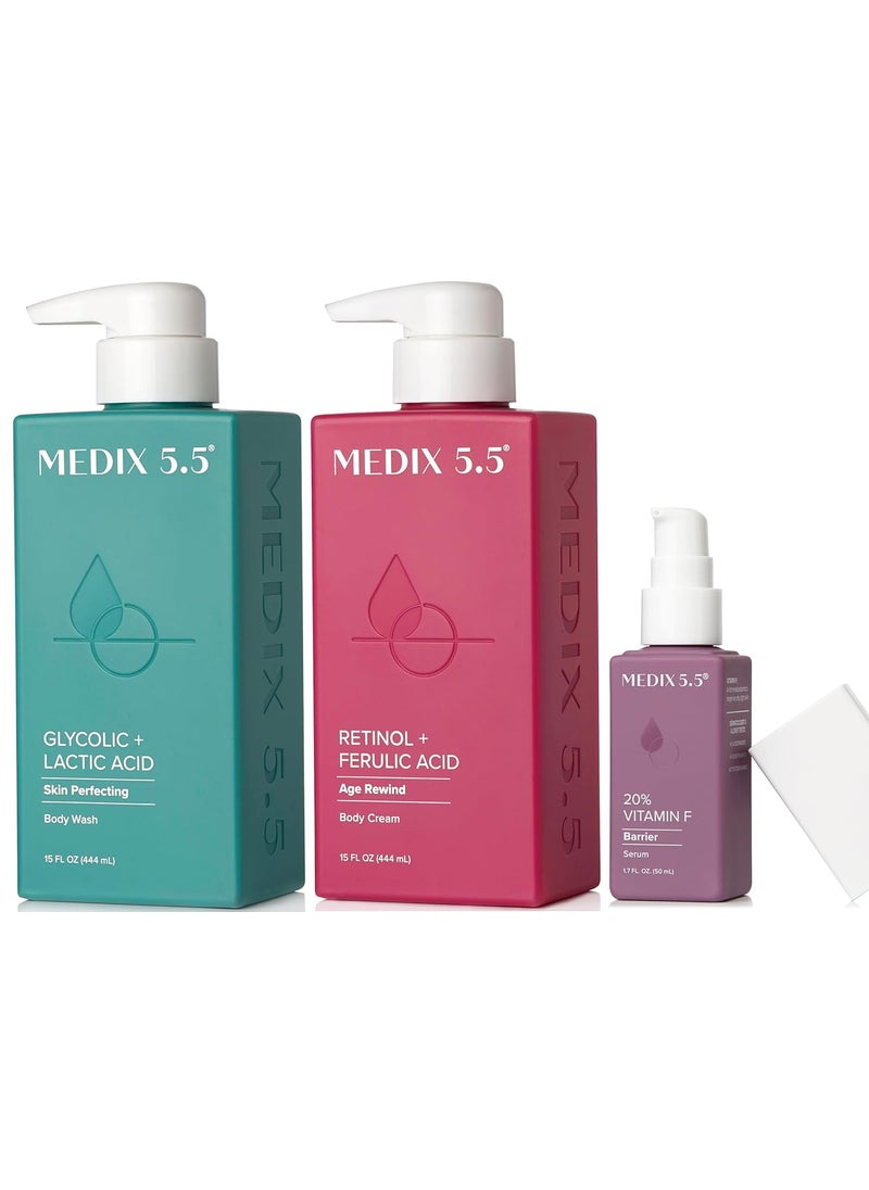 Medix 55 Anti Aging Skin Care 3PC Set Retinol Body Cream  Exfoliating AHA Glycolic Acid Foaming Face  Body Wash  Vitamin F Booster Serum Wash  Treat  Hydrate Skincare Set