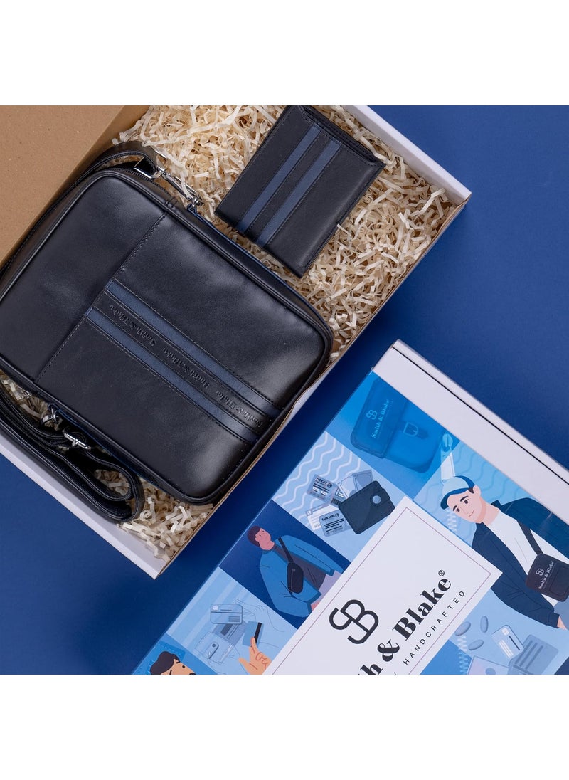 Smith Blake Gift Combo Set for Men Cross Body Bag and Wallet Black Premium Leatherette Gift for Men Linea