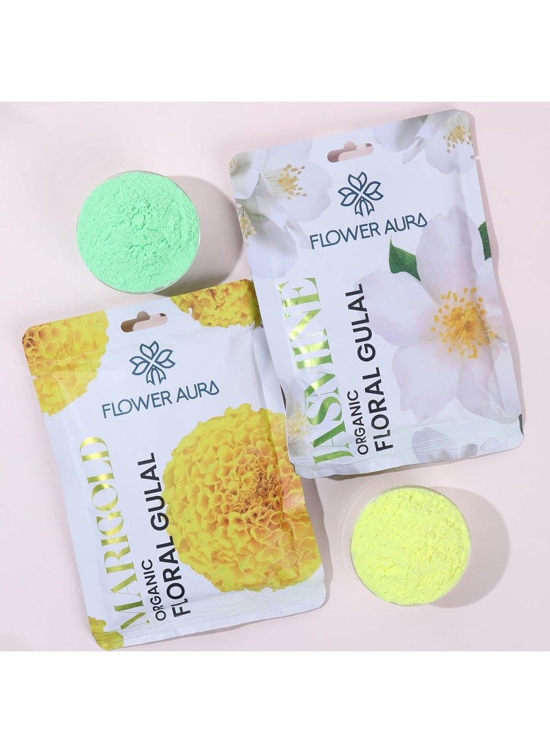 FlowerAura Premium Holi Celebration Set of 4 Jasmine Gulal Lavender Gulal Marigold Gulal Rose Gulal Natural Floral Gulal 100 Organic Gulal Skin Friendly Gulal Easy to Remove from Skin