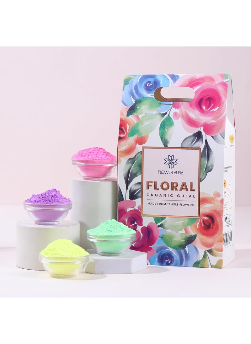 FlowerAura Premium Holi Celebration Set of 4 Jasmine Gulal Lavender Gulal Marigold Gulal Rose Gulal Natural Floral Gulal 100 Organic Gulal Skin Friendly Gulal Easy to Remove from Skin