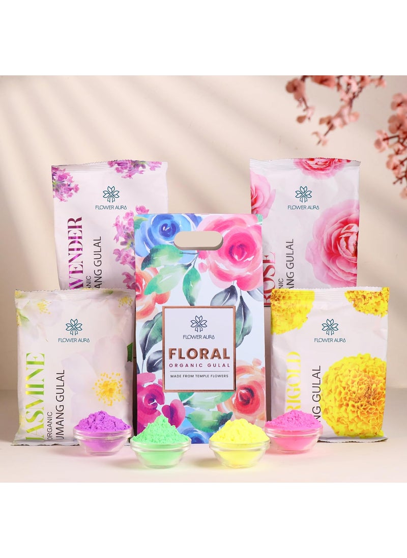 FlowerAura Premium Holi Celebration Set of 4 Jasmine Gulal Lavender Gulal Marigold Gulal Rose Gulal Natural Floral Gulal 100 Organic Gulal Skin Friendly Gulal Easy to Remove from Skin