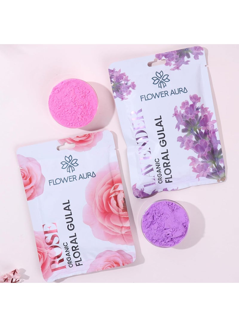 FlowerAura Premium Holi Celebration Set of 4 Jasmine Gulal Lavender Gulal Marigold Gulal Rose Gulal Natural Floral Gulal 100 Organic Gulal Skin Friendly Gulal Easy to Remove from Skin