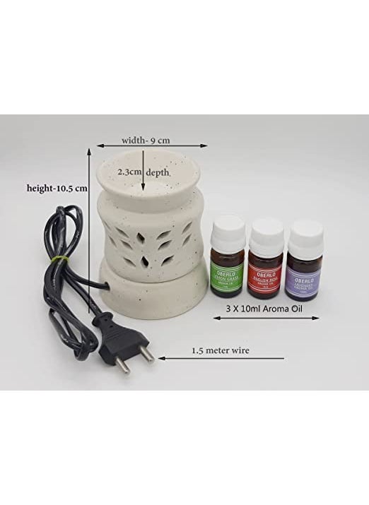 Oberlo Handcrafted Ceramic Electric Burner with Flat Shape for HomeOfficeHallAuditorium with Rose Lavendor and Lemongrass Fragrance 10ml Each