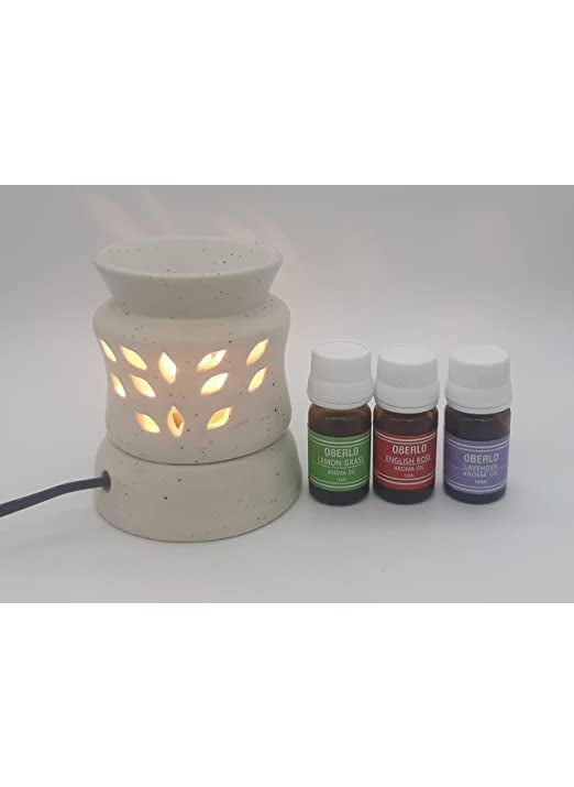 Oberlo Handcrafted Ceramic Electric Burner with Flat Shape for HomeOfficeHallAuditorium with Rose Lavendor and Lemongrass Fragrance 10ml Each