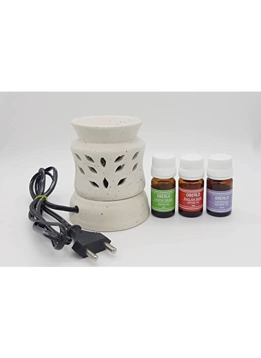 Oberlo Handcrafted Ceramic Electric Burner with Flat Shape for HomeOfficeHallAuditorium with Rose Lavendor and Lemongrass Fragrance 10ml Each
