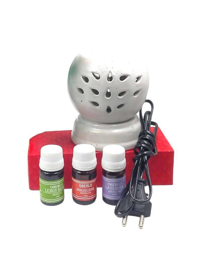 Oberlo Handcrafted Ceramic Electric Burner with Flat Shape for HomeOfficeHallAuditorium with Rose Lavendor and Lemongrass Fragrance 10ml Each