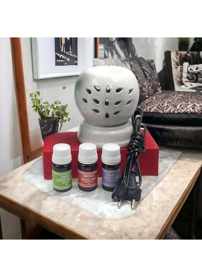 Oberlo Handcrafted Ceramic Electric Burner with Flat Shape for HomeOfficeHallAuditorium with Rose Lavendor and Lemongrass Fragrance 10ml Each