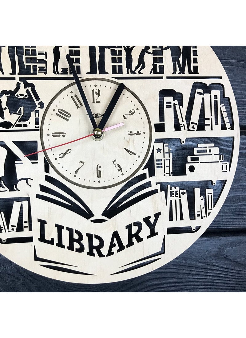 NABSTER Library Wall Art Modern Wood Office Decor Book Lover Gift Best Hanging Reading Art Science Unique Library Themed Decor Library Clock 12 Inch 30 Cm