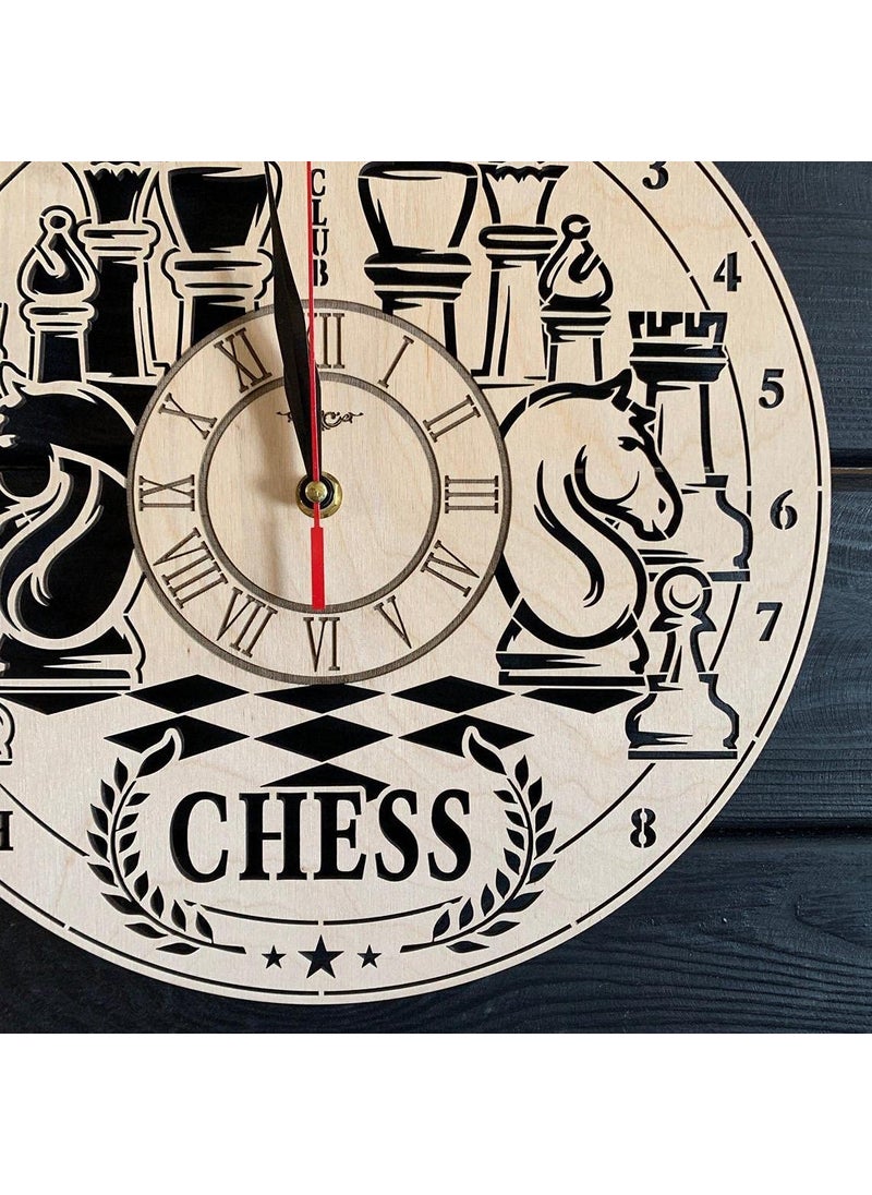 NABSTER Chess Wall Clock Wood Home Kitchen Decor Living Room Gift Game Sport Lovers Art Unique Kitchen Office Wedding Christmas Birthday Chess Clock 12 Inch 30 cm