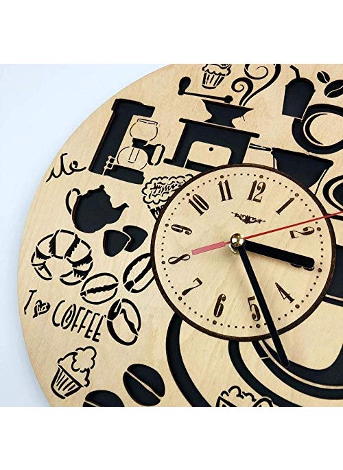 NABSTER Coffee Shop Wall Clock Made of Eco Friendly Wood Unique Gift Idea and Home Decor for HomeWall Art for Living Room Kitchen Bedroom Kids 12 Inch