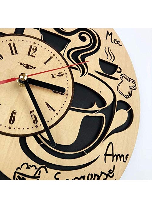 NABSTER Coffee Shop Wall Clock Made of Eco Friendly Wood Unique Gift Idea and Home Decor for HomeWall Art for Living Room Kitchen Bedroom Kids 12 Inch