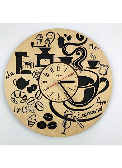 NABSTER Coffee Shop Wall Clock Made of Eco Friendly Wood Unique Gift Idea and Home Decor for HomeWall Art for Living Room Kitchen Bedroom Kids 12 Inch