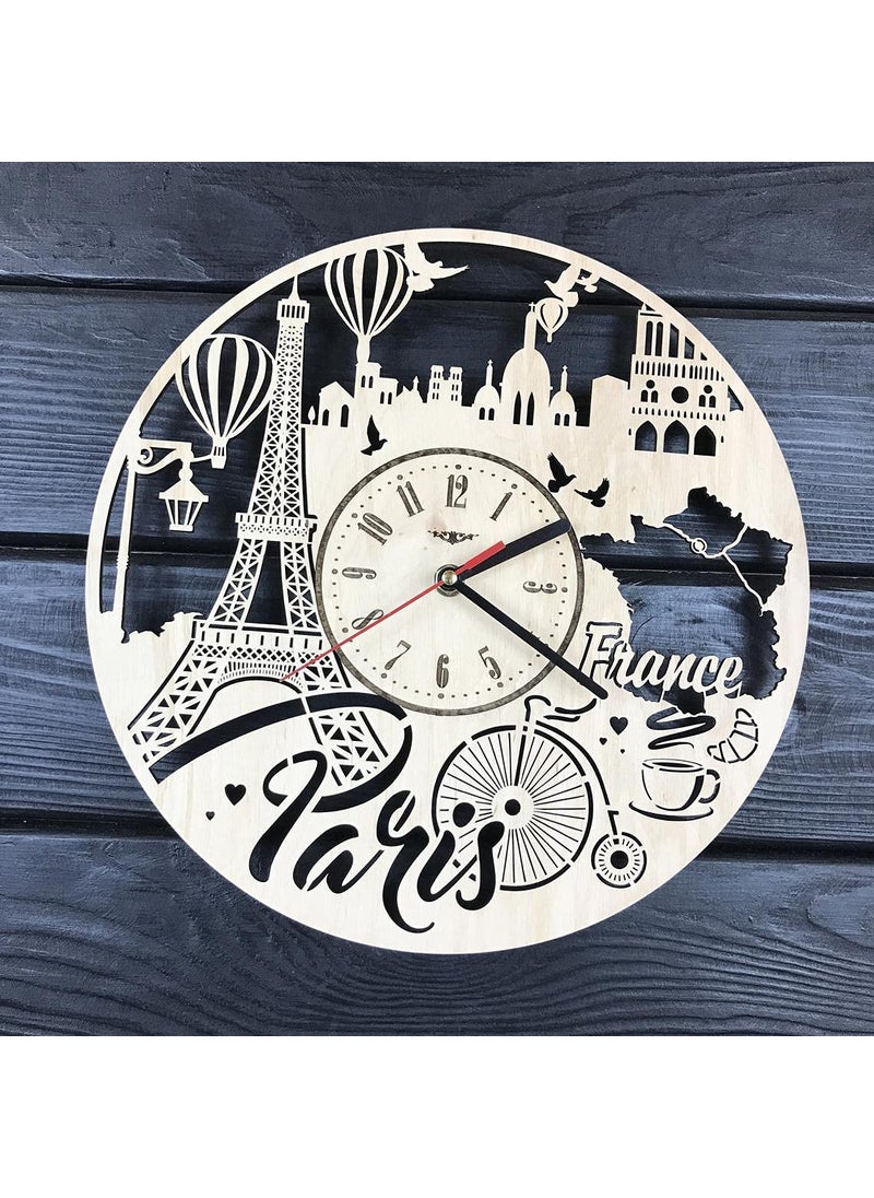 NABSTER Paris France Skyline Wall Clock Wood Room Home Decor Gifts Theme Romantic Office Business Christmas Anniversary Birthday Paris Clock 12 Inch 30 cm