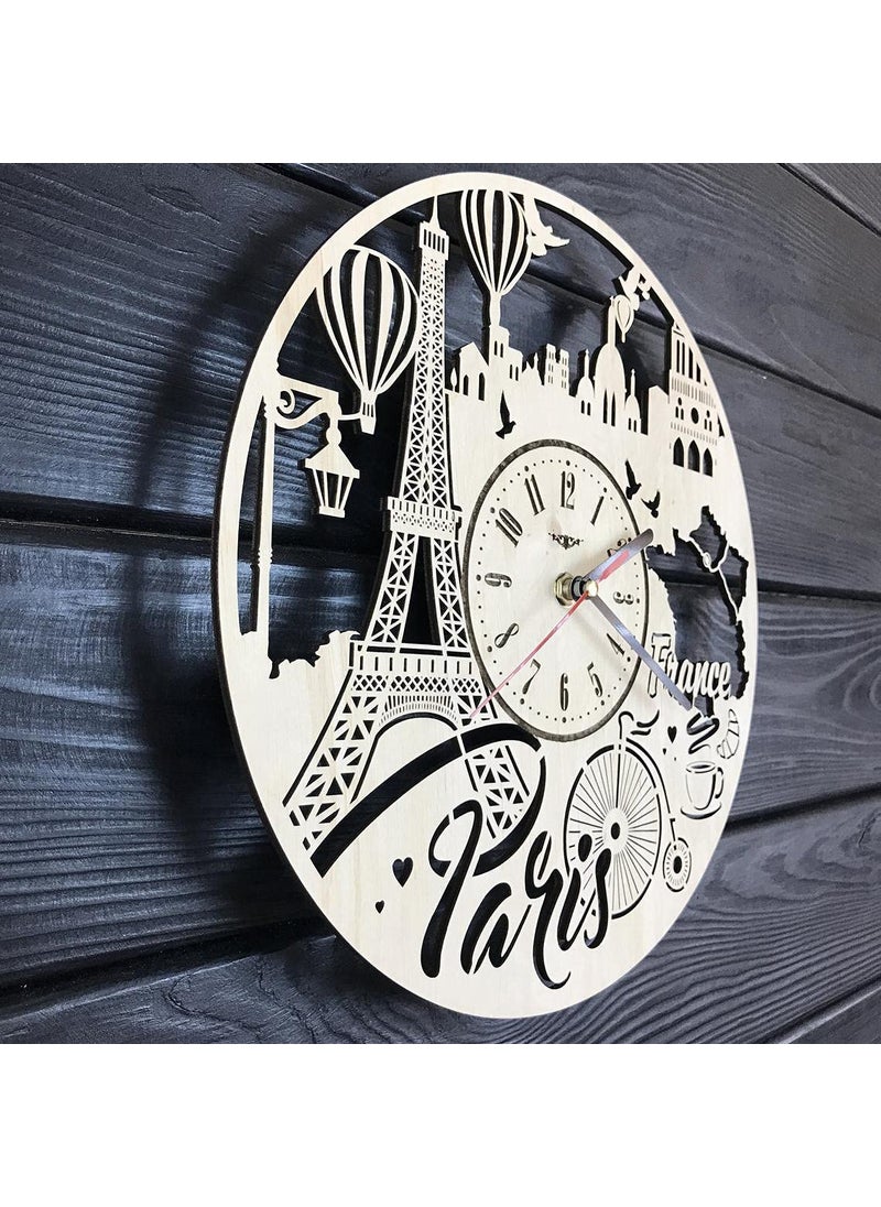 NABSTER Paris France Skyline Wall Clock Wood Room Home Decor Gifts Theme Romantic Office Business Christmas Anniversary Birthday Paris Clock 12 Inch 30 cm