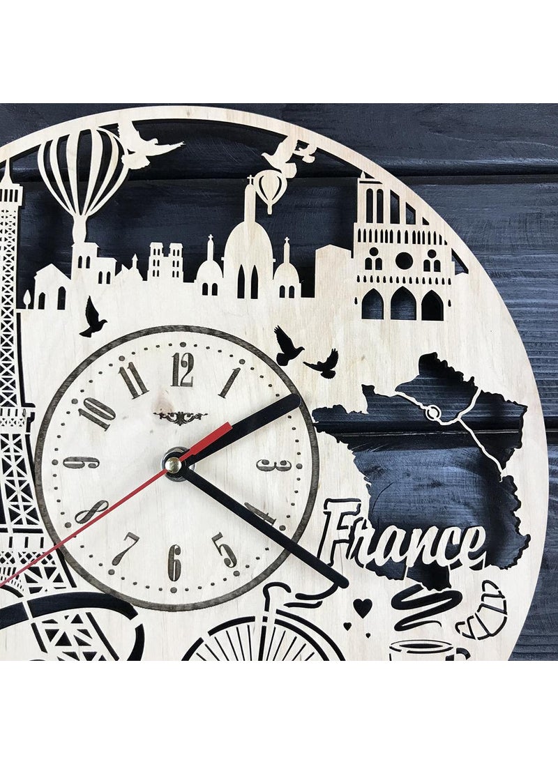NABSTER Paris France Skyline Wall Clock Wood Room Home Decor Gifts Theme Romantic Office Business Christmas Anniversary Birthday Paris Clock 12 Inch 30 cm