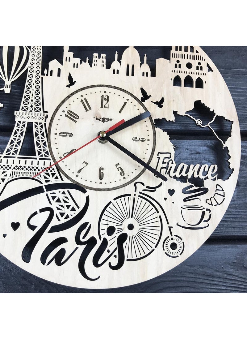 NABSTER Paris France Skyline Wall Clock Wood Room Home Decor Gifts Theme Romantic Office Business Christmas Anniversary Birthday Paris Clock 12 Inch 30 cm