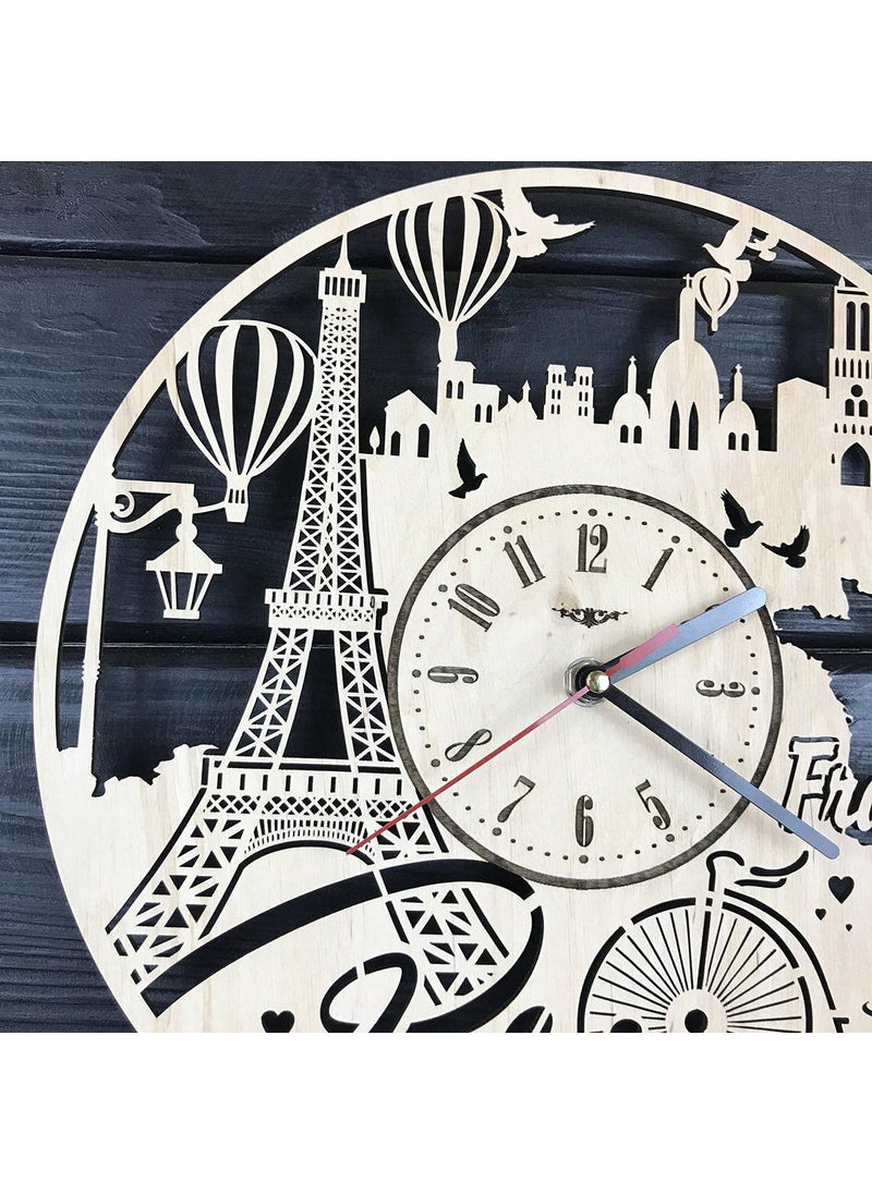 NABSTER Paris France Skyline Wall Clock Wood Room Home Decor Gifts Theme Romantic Office Business Christmas Anniversary Birthday Paris Clock 12 Inch 30 cm