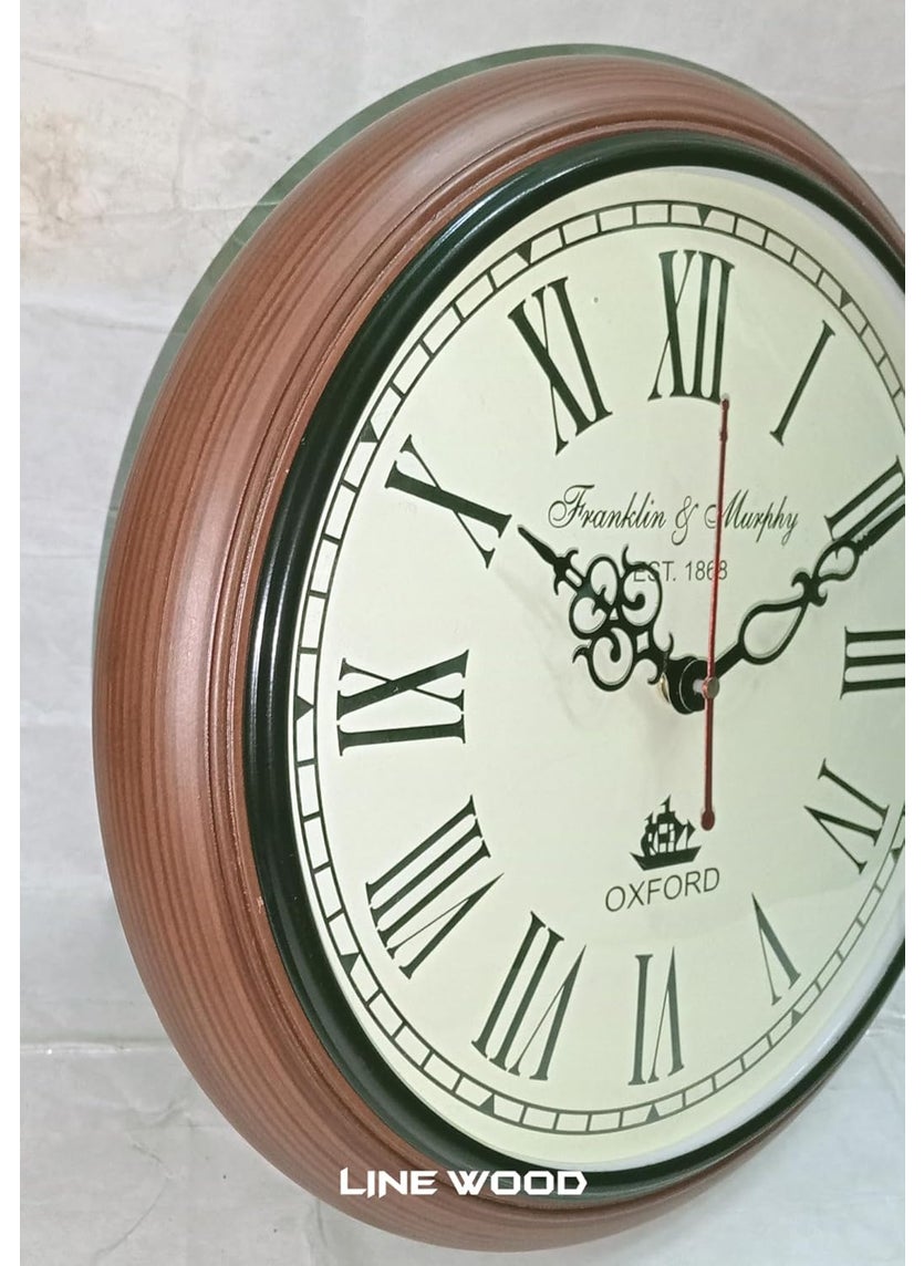 LINE WOOD Vintage Handmade Wooden Wall Clock Antique Brown Design Large Size for Office Kitchen Studio for Any Room 12 Inch Brown