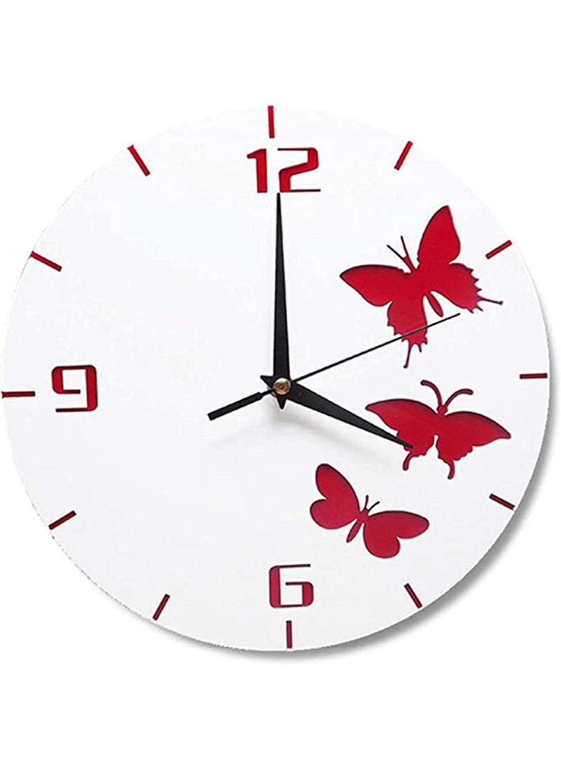 NABSTER RED White Butterfly Wall Clock for Nursery Wall Art Decor for Kid Room Decorative Wall Clock Without Glass for HomeKitchenLiving RoomBedroomOffice Modern Acrylic Clock Lover Gift
