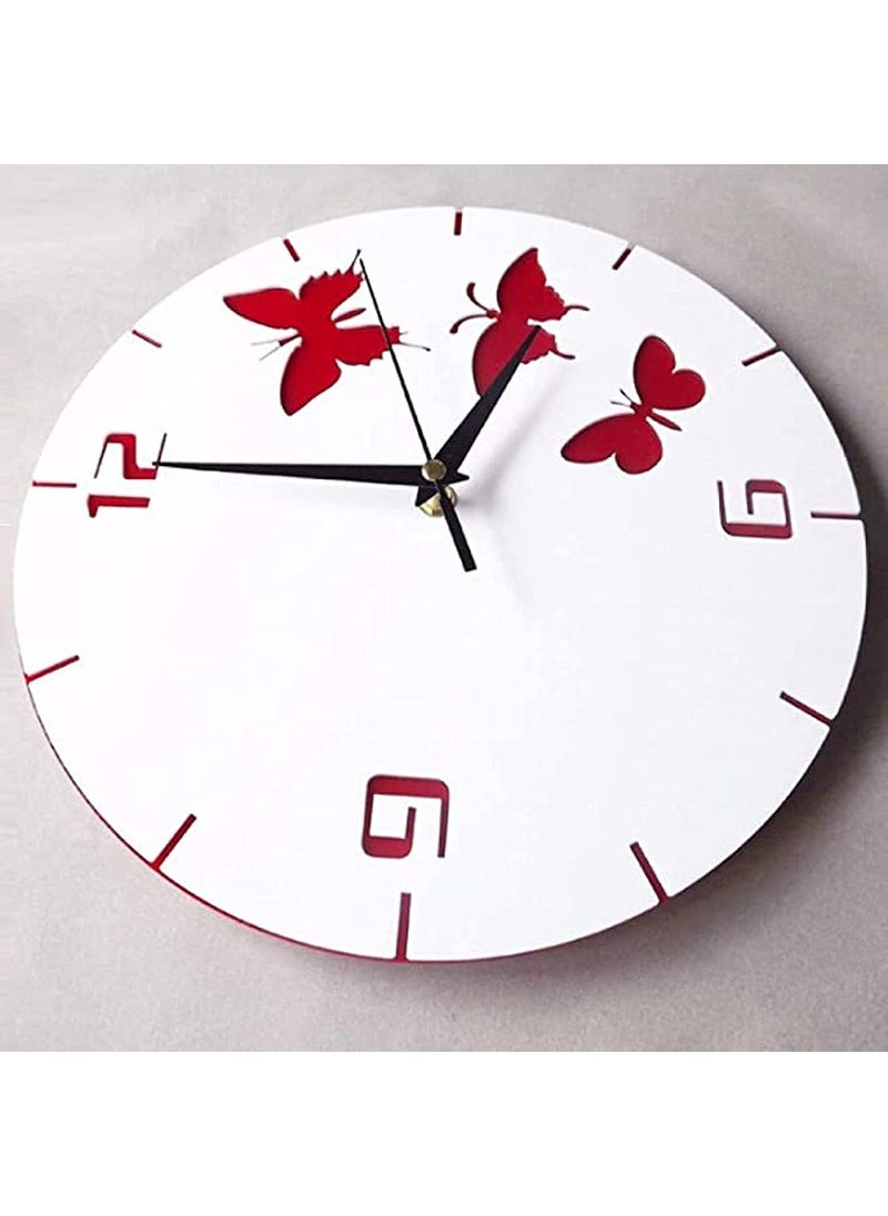 NABSTER RED White Butterfly Wall Clock for Nursery Wall Art Decor for Kid Room Decorative Wall Clock Without Glass for HomeKitchenLiving RoomBedroomOffice Modern Acrylic Clock Lover Gift
